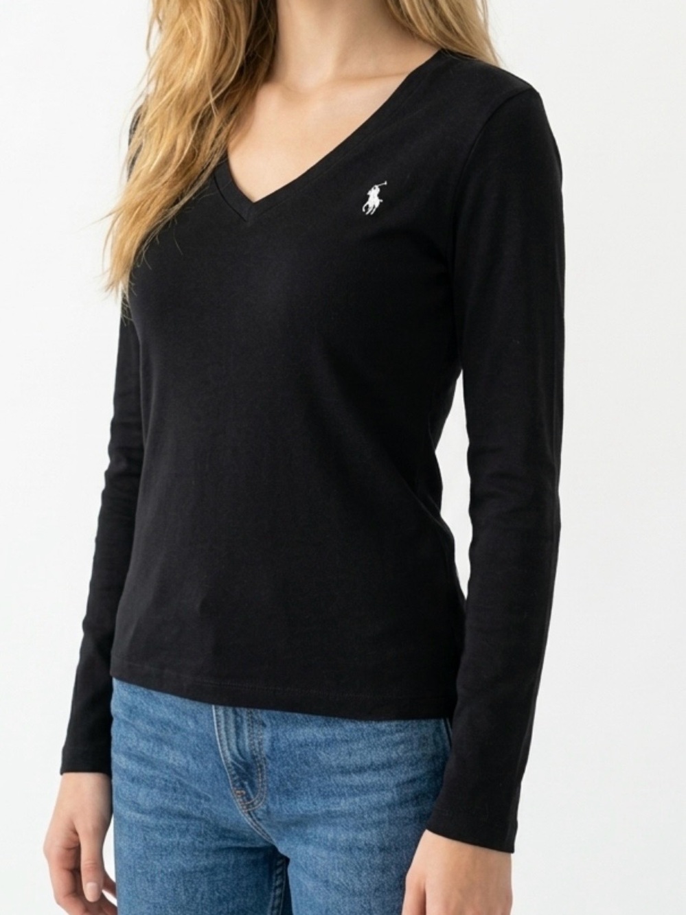 Ralph Lauren Sport Women’s Black V-Neck Long Sleeve Top with White Pony Logo.